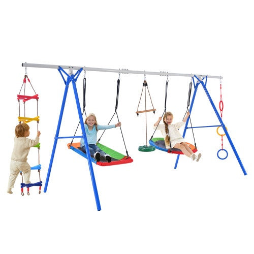 5-in-1 Outdoor Swing Set With Steel Frame, Multifunctional Playset For Kids With Climbing Ladder, Saucer Swing, Monkey Pole Swing, Disc Swing And Swing Ring