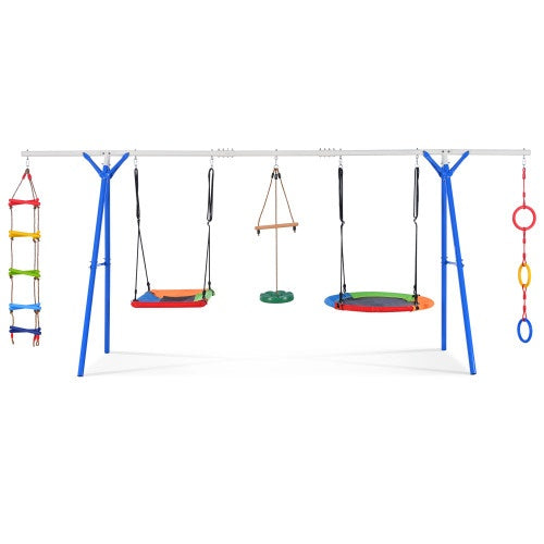 5-in-1 Outdoor Swing Set With Steel Frame, Multifunctional Playset For Kids With Climbing Ladder, Saucer Swing, Monkey Pole Swing, Disc Swing And Swing Ring