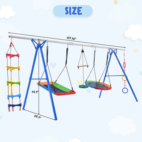 5-in-1 Outdoor Swing Set With Steel Frame, Multifunctional Playset For Kids With Climbing Ladder, Saucer Swing, Monkey Pole Swing, Disc Swing And Swing Ring