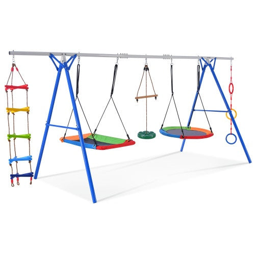 5-in-1 Outdoor Swing Set With Steel Frame, Multifunctional Playset For Kids With Climbing Ladder, Saucer Swing, Monkey Pole Swing, Disc Swing And Swing Ring