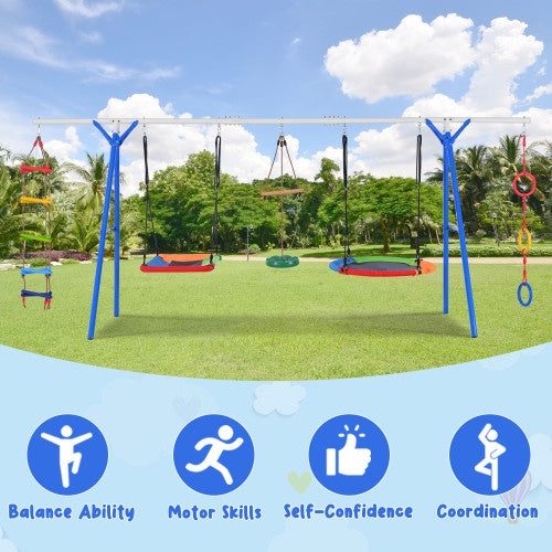 5-in-1 Outdoor Swing Set With Steel Frame, Multifunctional Playset For Kids With Climbing Ladder, Saucer Swing, Monkey Pole Swing, Disc Swing And Swing Ring