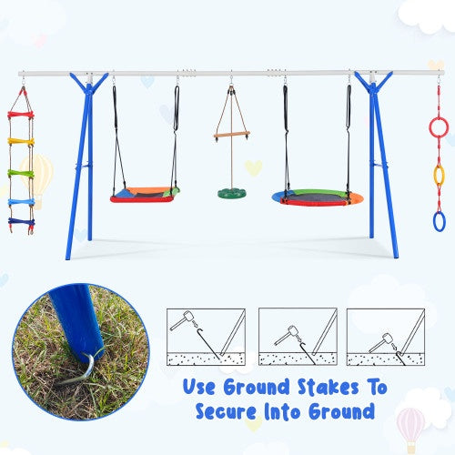 5-in-1 Outdoor Swing Set With Steel Frame, Multifunctional Playset For Kids With Climbing Ladder, Saucer Swing, Monkey Pole Swing, Disc Swing And Swing Ring