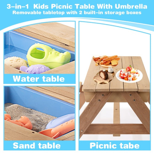 3-in-1 Kids Outdoor Wooden Picnic Table With Umbrella, Convertible Sand And Water Kettle