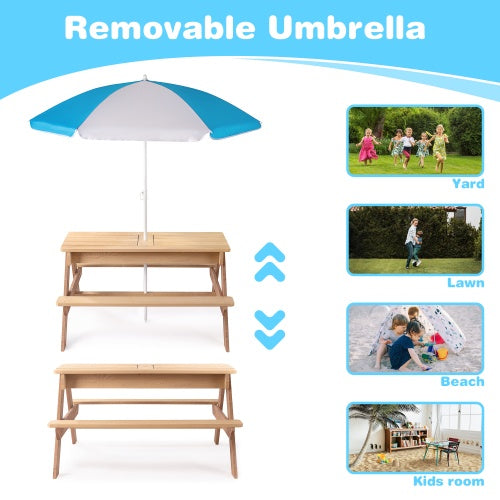 3-in-1 Kids Outdoor Wooden Picnic Table With Umbrella, Convertible Sand And Water Kettle