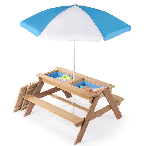 3-in-1 Kids Outdoor Wooden Picnic Table With Umbrella, Convertible Sand And Water Kettle